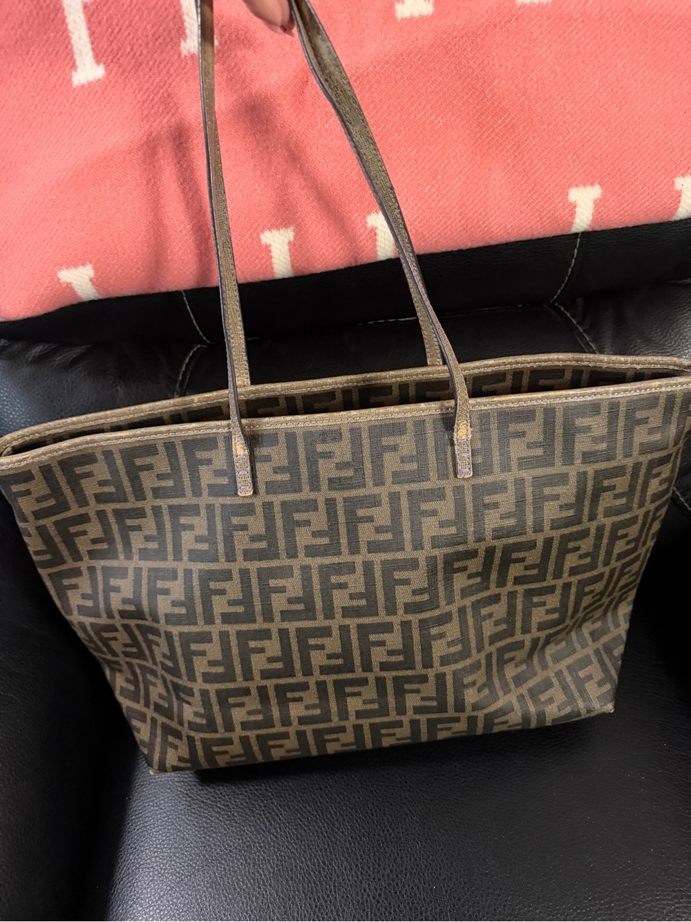 Fendi Brown FF Logo Canvas Tote with Slim Shoulder Straps